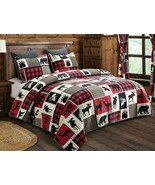 Lodge Life Full Size Quilt Set Black Bear Paw Moose Deer Eagle Red Buffa... - $104.36 CAD