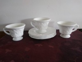 Indiana Colony Harvest Grape Milk Glass Pedestal Set Of 3 Cups and Saucers - £24.90 GBP