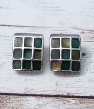 Vintage Clip On Earrings - Green &amp; Brown Tones Square Design Signed LC - £7.98 GBP