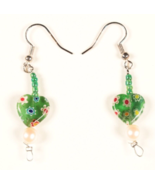 Millifiori Heart Earrings Hand Made Green with Silver Wires Pierced - €8,18 EUR