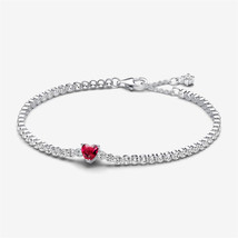 925Sterling silver Pandora Red Sparkling Heart Tennis Bracelet,Gift For Her - £15.97 GBP
