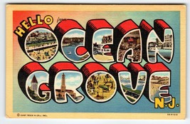 Greetings Hello From Ocean Grove New Jersey Linen Large Letter Postcard ... - $13.50