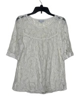 Gap Women&#39;s Top Floral Lace Sheer Cuffed Sleeve Boxy Fit Crew Neck White Medium - £15.81 GBP