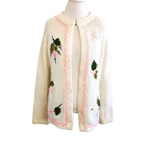 Vintage 60s White Cardigan Sweater Pink Berries Leaves Pinup Rockabilly ... - $48.20