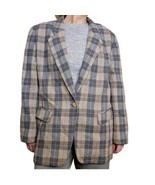 90s Womens Wool Blend Preppy Plaid Blazer Jacket L XL USA Tan Gray Office - $38.53