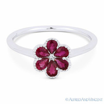 0.66 ct Pear-Shape Ruby Round Cut Diamond 18k White Gold Right-Hand Flower Ring - £766.97 GBP