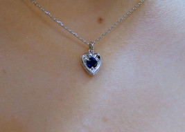 Sapphire Heart Necklace 14K White Gold 0.12CT Genuine Sapphire - £236.47 GBP