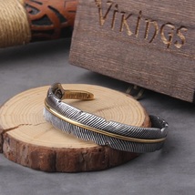 Vintage Feather Mixed Gold Open Cuff Bangle Jewelry Wrist Bracelet Mens Gift Box - £17.54 GBP
