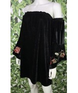 Francescas Black Velvet Off Shoulder Dress Embroidered Bell Sleeve XS Wh... - $17.82
