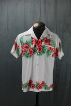 Vintage Hawaiian Shirt - Hibiscus Wraps on White Royal Princess - Men&#39;s Medium - £38.42 GBP
