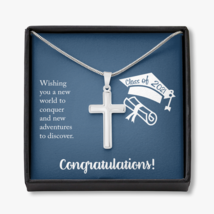 Wishing You A New Word Graduation Message Cross Card Necklace w Stainless Steel - £38.05 GBP+