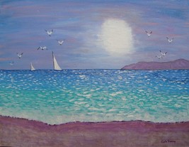 Original Ocean Beach Sailboat Seagulls Sunset Seascape Painting Birds Signed Art - £14.54 GBP