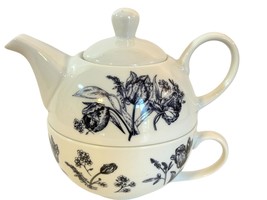 Stacking Tea Cup &amp; Single Serve Tea Pot Ceramic Blue Floral Design Garde... - $17.81