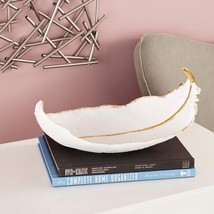 Large White Brushed Metallic Gold Feather Decorative Bowl 13&quot; X 8&quot; Multi... - $50.15