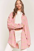 Pink Over Size Plaid Button Front Lightweight Cotton Flannel Jacket Shacket - £30.99 GBP