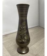 Vintage Brass Vase Etched Floral Leaves 6” Decorative Mid Century MH JD - $341.77 MXN