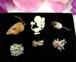 Mice &amp; Bugs Lot 6 Vintage Scatter Pins Rhinestones Mouse Fly Lady Ladybug Insect - £13.40 GBP