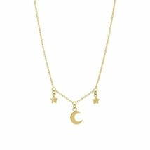 14K Solid Yellow Gold Dangle Half Moon and Star Necklace 16&quot;-18&quot; adjustable - £210.54 GBP