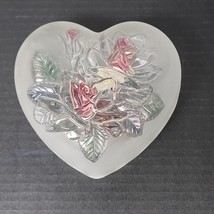 Frosted Rose Heart Shape Dish with Lid Festive Floral Covered Heart Trinket - £8.88 GBP