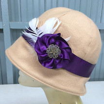 Womens Beige Felt Floral Purple Band Feather One Size Bucket Hat 59cm - £18.07 GBP