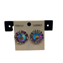 Vintage Aurora Borealis Clip-On Earrings Gold-Tone Purple &amp; Blue Rhinest... - $19.65