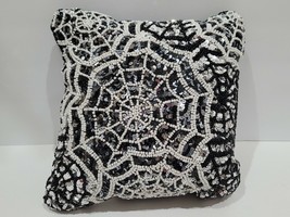 Halloween Black Spider Web Beaded Throw Pillow 12&quot;x12&quot; New - £27.67 GBP