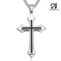 Mens Womens Silver Black Layer Cross Pendant Necklace Stainless Steel Chain 24" - £7.16 GBP