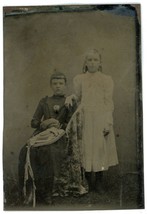 CIRCA 1860&#39;S 1/6th Plate TINTYPE 2 Adorable Affectionate Young Girls In Dresses - £12.34 GBP