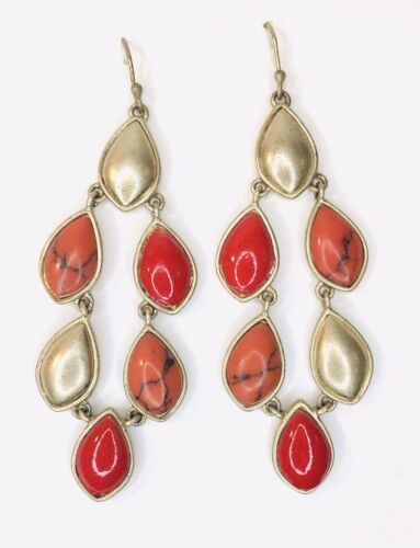 Liz Claiborne Gold Tone Faux Coral Reddish Orange Dangle Earrings - £7.08 GBP
