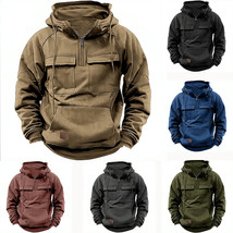 Men&#39;s Hooded Solid Color Multi-pocket Leather Sweater Jacket - £30.97 GBP+
