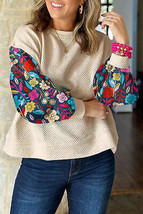 White Contrast Floral Sleeve Textured Drop Shoulder Knit Top - £15.01 GBP