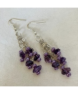 Purple Beaded Earrings Silver Tone Metal Chain Handcrafted Unique Dangle... - $35.00