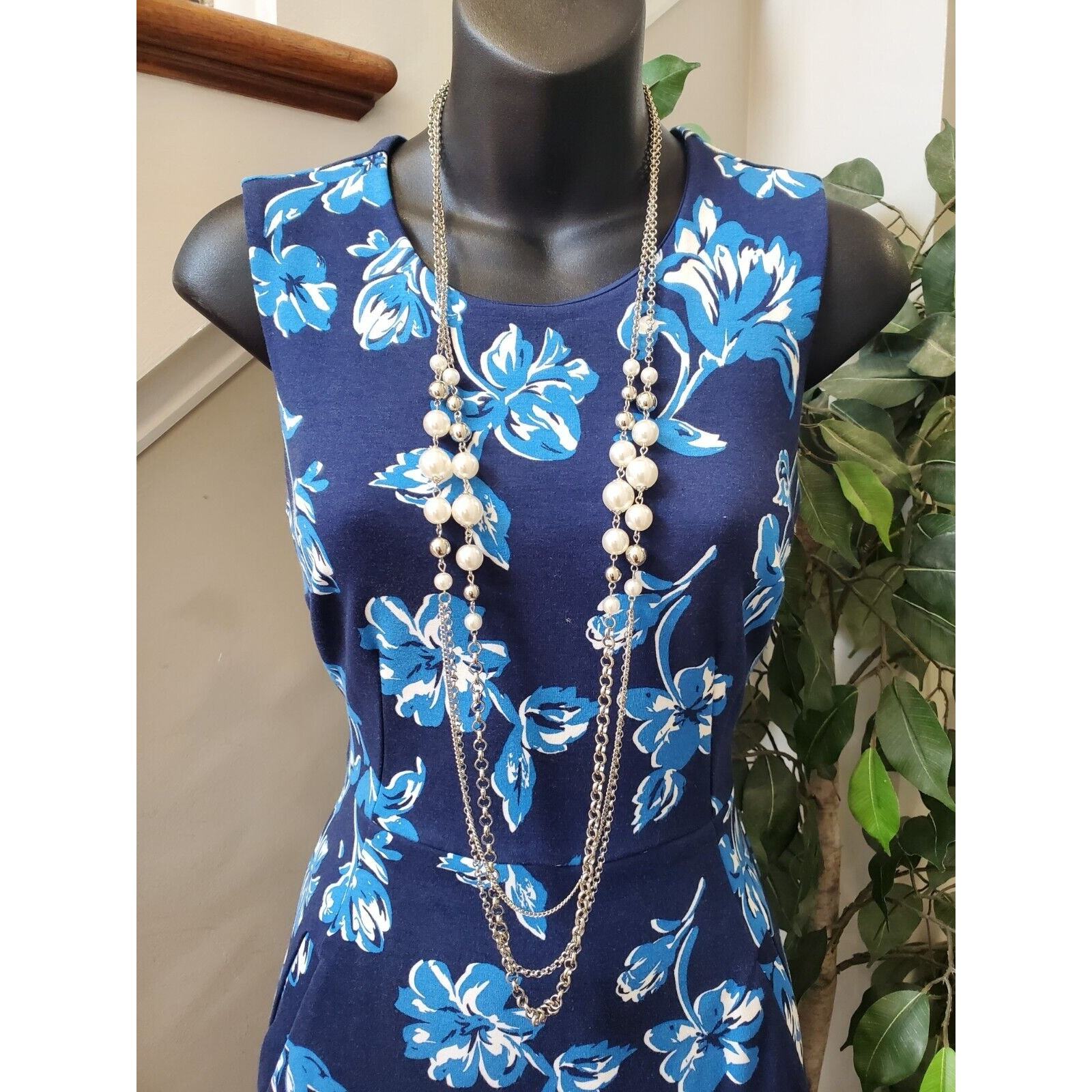 Lands' End Women Blue Floral Polyester Round Neck Sleeveless Knee Length Dress 2 Item image 2