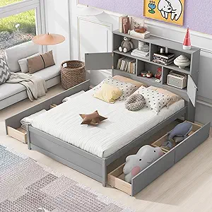 Full Size Platform Bed With Storage Headboard Bookcase And 4 Drawers Und... - £592.03 GBP