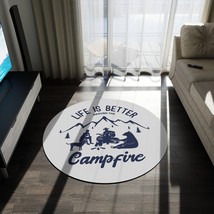 Blue and White &quot;Life is Better Around the Campfire&quot; Camping Scene Round Chenille - $150.38