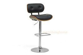 New Modern Walnut &amp; Black Faux Leather Adjustable Gas Piston Bar Pub Stool Chair - £161.20 GBP