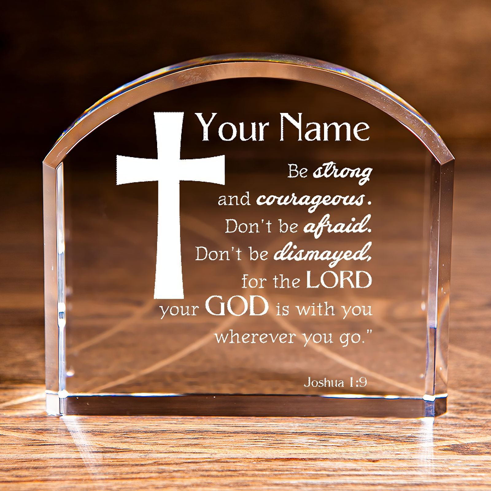 Joshua 1:9 Be Strong and Courageous Cross Arch Top Crystal Personalized Christi - £132.26 GBP