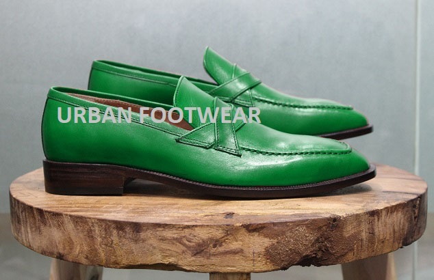 New Mens Formal Shoes Handmade Green Leather Loafers & Slip On Moccasin Boot
