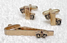 3PC Theatre Mask Happy Sad Faces Cufflinks and Tie Bar Gold Tone Metal - $451.83 MXN
