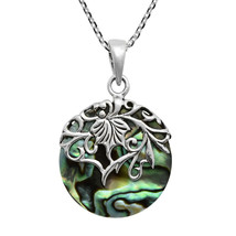 Vintage Floral Vine Adorned Circle Rainbow Abalone Sterling Silver Necklace - $21.85