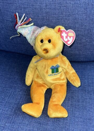 Primary image for Vintage 2002 TY Beanie Baby Plush NOVEMBER the Birthday Bear w/Party Hat MWMTs