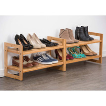 Shoe Rack 2-Tier Bamboo Storage Organizer 2-Pack Stackable Freestanding Shoes - £58.37 GBP