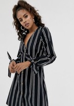 ASOS Skater Mini Dress with Tie Sleeves Black White Striped Size 8 - £15.98 GBP