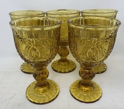5 Vintage MCM Circle Glass Retro Embossed Stemmed Amber Wine Goblets Scalloped - £53.08 GBP