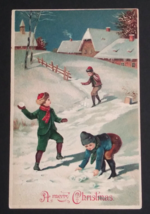 A Merry Christmas Kids in Snowball Fight Winter Scene HWB Embossed Postcard 1913 - £23.42 GBP