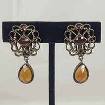 Vintage Dark Bronze Dangle Clip On Earrings Amber Colored Stones Tear Drops - £10.29 GBP