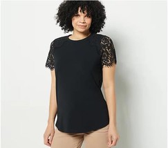 Isaac Mizrahi Live! Crew Neck Top with Lace Detail(Pitch Black, X-Small) A496218 - $19.22