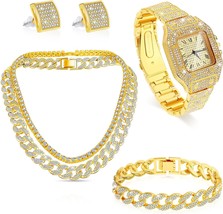 5 Pcs Hip Hop Jewelry Set with Miami Cuban Link Chain Necklace Bracelet Bling Cr - £51.92 GBP