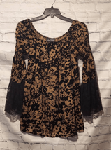 Joseph Ribkoff Womens 10 Velvet Burnout Tunic Top Black Tan Bell Lace Sleeves - $44.54