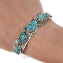 6 3/8&quot; Vintage Zuni silver and turquoise row cuff bracelet - £239.18 GBP